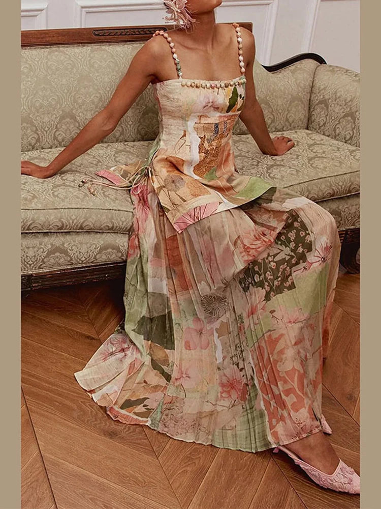 Sexy Printed Women's Dress Slip Top Sleeveless Pleated Lace Up Lady Long Dresses 2026 Summer Fashion Female Vacation Robe