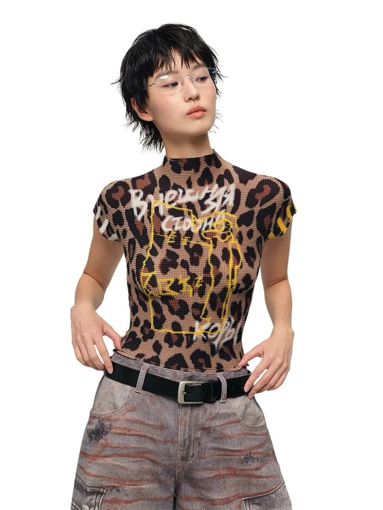 Euphoria Casual Hotsweet Slim Fit Clubwear Tees Coquette Top Women Sexy Leopard Print Sheath Short Sleeve Turtleneck T-shirt