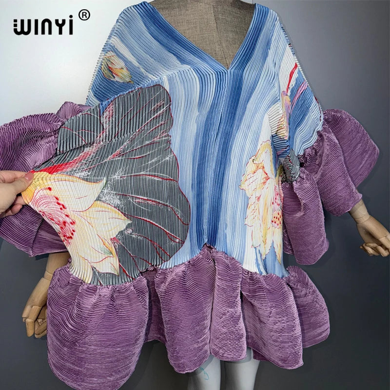 WINYI Women's Pleated Elastic Elegant Short Dress Beach Cover Up Kaftan Abaya Dubai Luxury Evening Wear Muslim Fashion