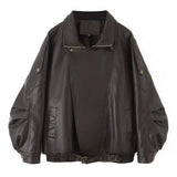 French-style women's fashion leather jacket, versatile litchi-textured vintage loose leather coat