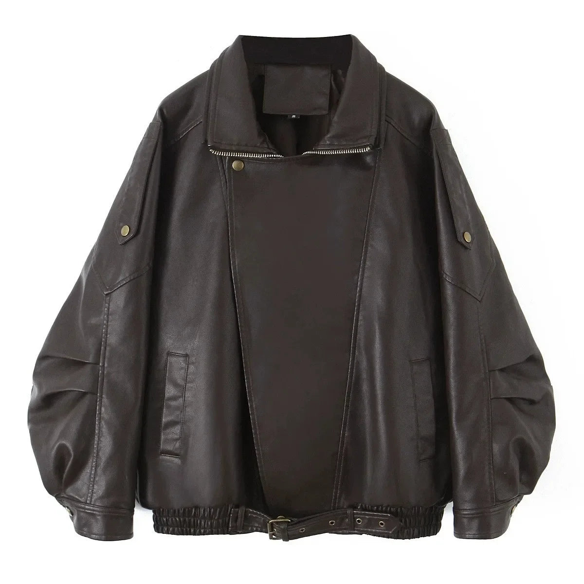French-style women's fashion leather jacket, versatile litchi-textured vintage loose leather coat