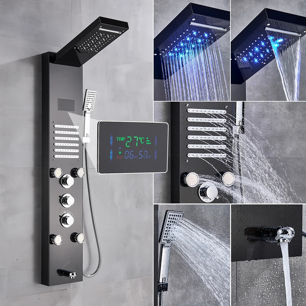 Golden Black Shower Panel Wall Rain Waterfall Shower Faucet Bathroom Shower Set APS Body Spray Jets Plastic Handshower Head