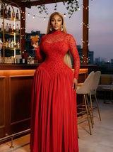 Two Color Patchwork Women Dress Fashion Sheer Mesh Top Long Sleeve Maxi Dress Parties Wear Elegant African Robe with Inner Dress