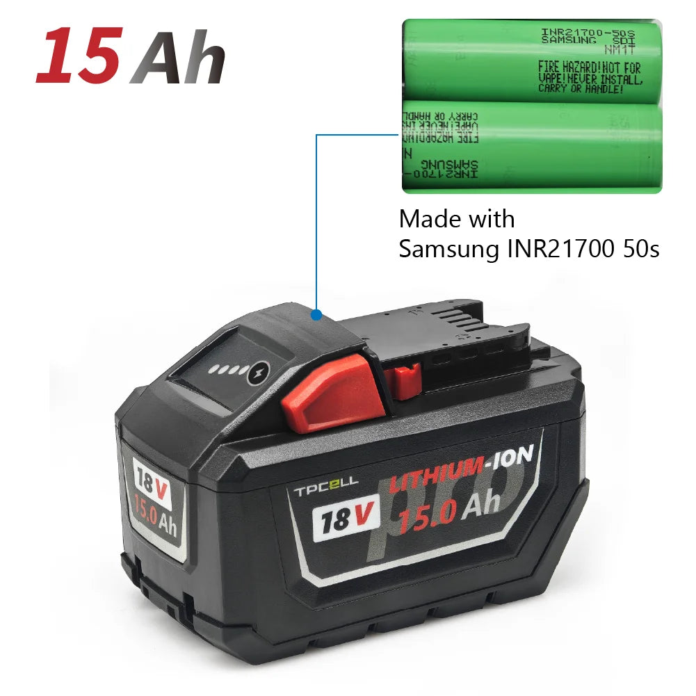 TPCELL 12AH/15AH For M.18 Tabless 21700 18V Professional Battery Li-ion Replacement High Output