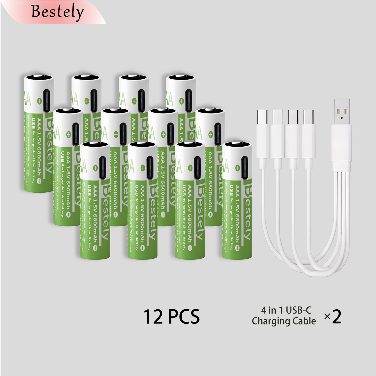 Bestely 1.5V/AAA 6800mAh High Capacity Rechargeable Lithium Batteries Type-C /USB AAA Li-ion Battery 2000 Times/Cycle with Cable