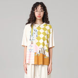 MOVEUP Short Sleeved Round Neck T-Shirt 2026 Summer New Pure Cotton Checkerboard Stripe Pattern Animal Print Tee Women 3ELX10516