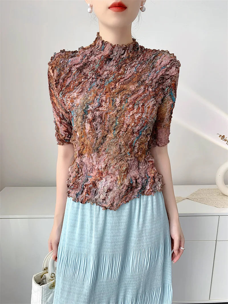 Printed Summer Pleated Top Comfortable Casual Split Loose T-Shirt Round Neck Short Sleeve Stretchy Tight Office Women's