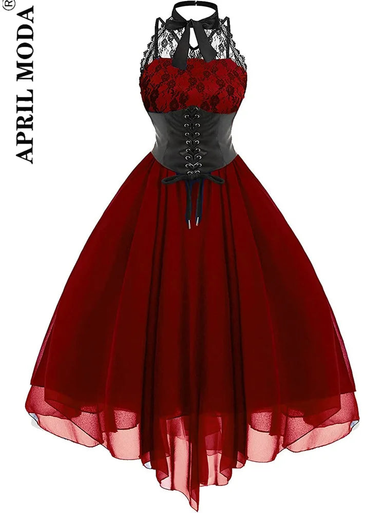 Irregular Hem Black High Waist Gothic Dresses Sleevesless Lace Chiffon Patchwork Aesthetic Goth Harajuku A-Line Dress for Women