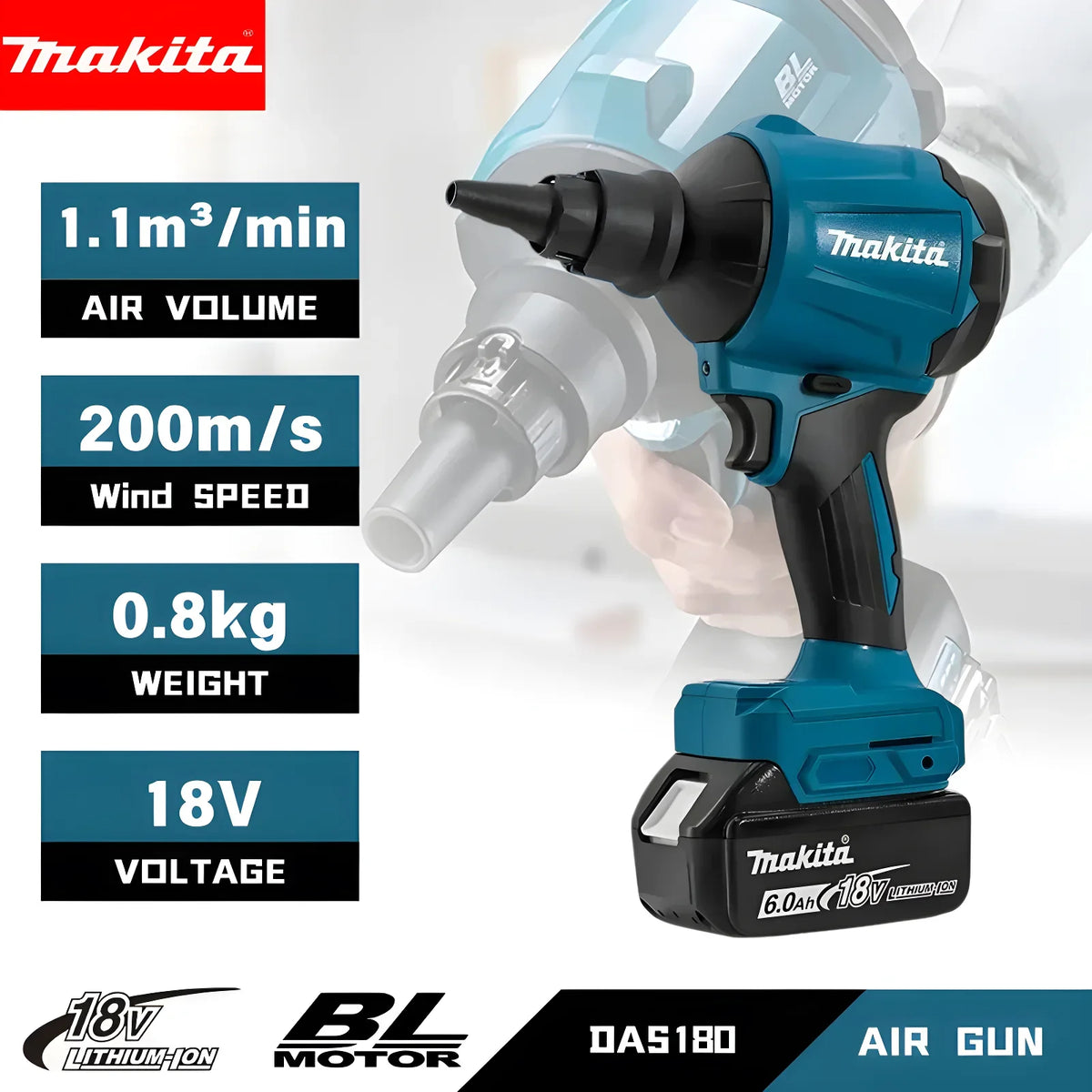 Makita DAS180 18V Brushless Cordless Air Duster Blower Inflator with Nozzle Kit for Workshop Equipment and Car Cleaning