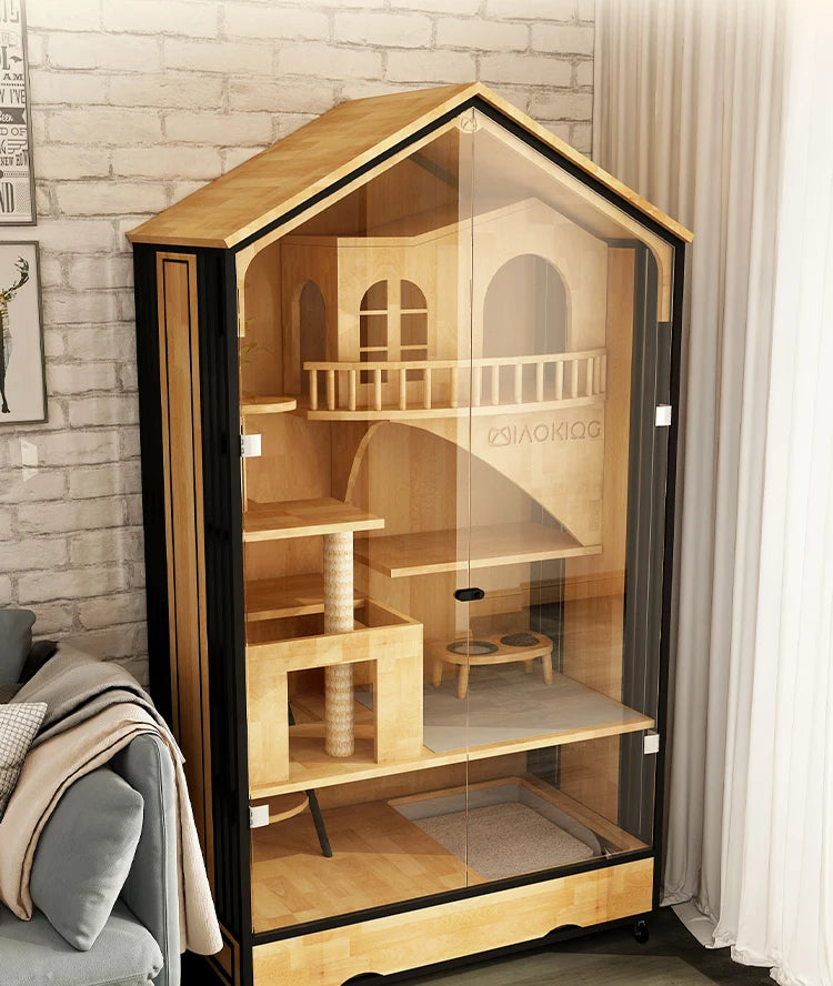 Meow Emperor Solid Wood Cat Cage Villa Small Household Cat House Front and Rear Transparent Glass Cat House Pet Shop Customizabl