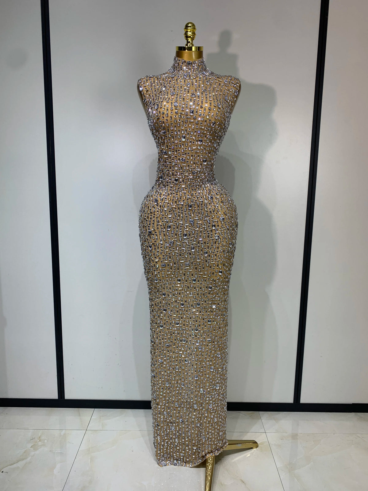 Sparkly Gold Rhinestone Sleeveless Stretch Long Dress Women Sexy Mesh Celebrate Evening Prom Birthday Dress Photo Shoot Wear