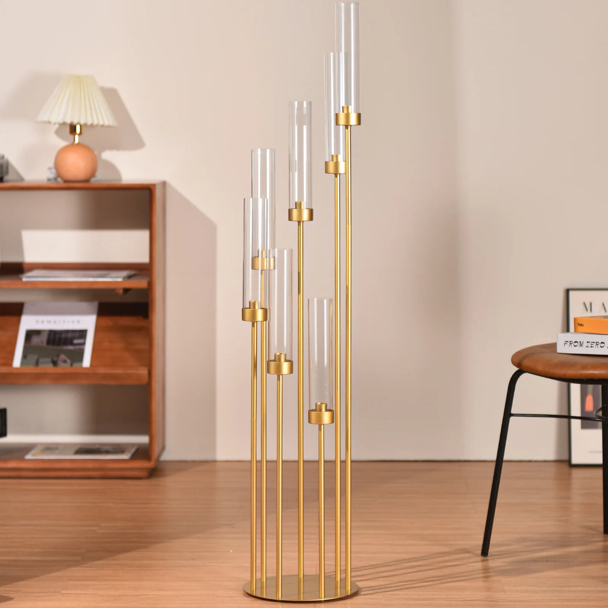 4 Sets 7-Arm Gold Floor Candelabra 48 in Tall Wedding Centerpieces Metal Candle Holder with Removable Acrylic Lampshade