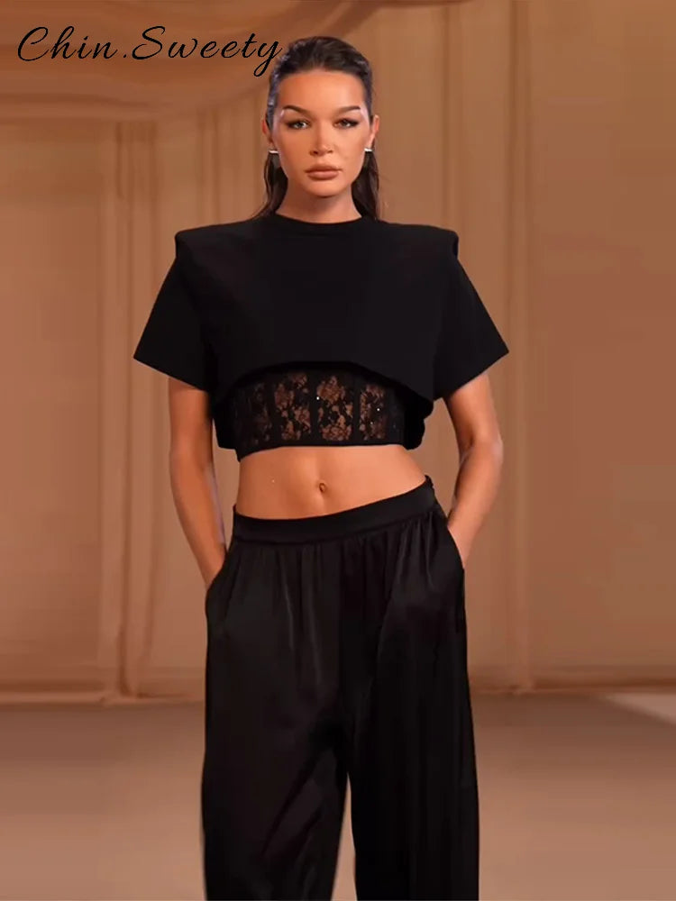 Sexy Women's Lace Patchwork Short Pullover Solid O-neck Half Sleeve Crop Tops Female 2026 Spring Summer Lady Chic All-match Top