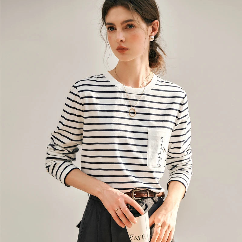 OLrain Women French Style Striped Long Sleeve T-shirt Spring 2026 New Round Neck Letter Embroidery Pocket Casual Top O58CT95683