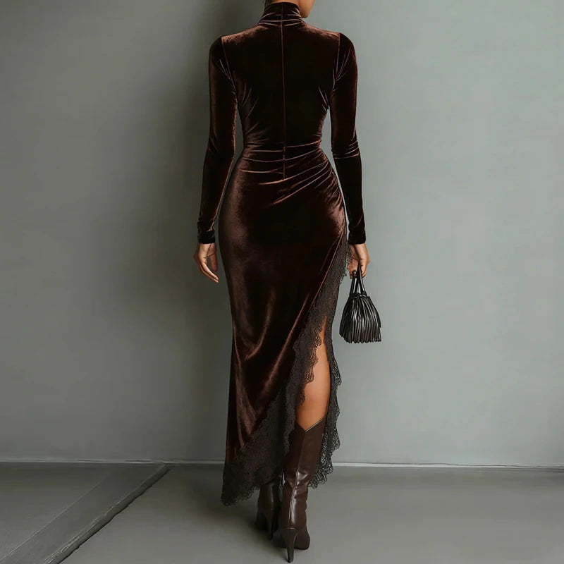 Velvet Patchwork Lace Slit Long Party Dress Woman Autumn Turtleneck Slim Pleated Boho Dress Winter Long Sleeve Hollow Maxi Dress
