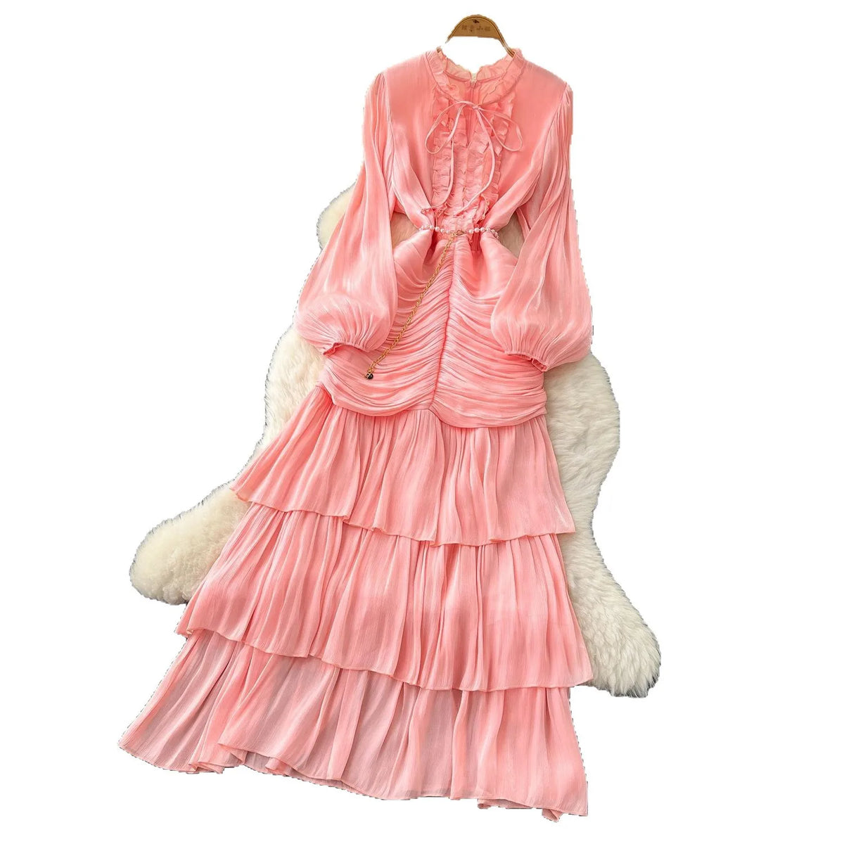 Spliced Lace Dresses Lantern Sleeve Ankle Length Dress Women Solid Party Dress Sexy Wrap Buttocks 2025 Autumn High Waist