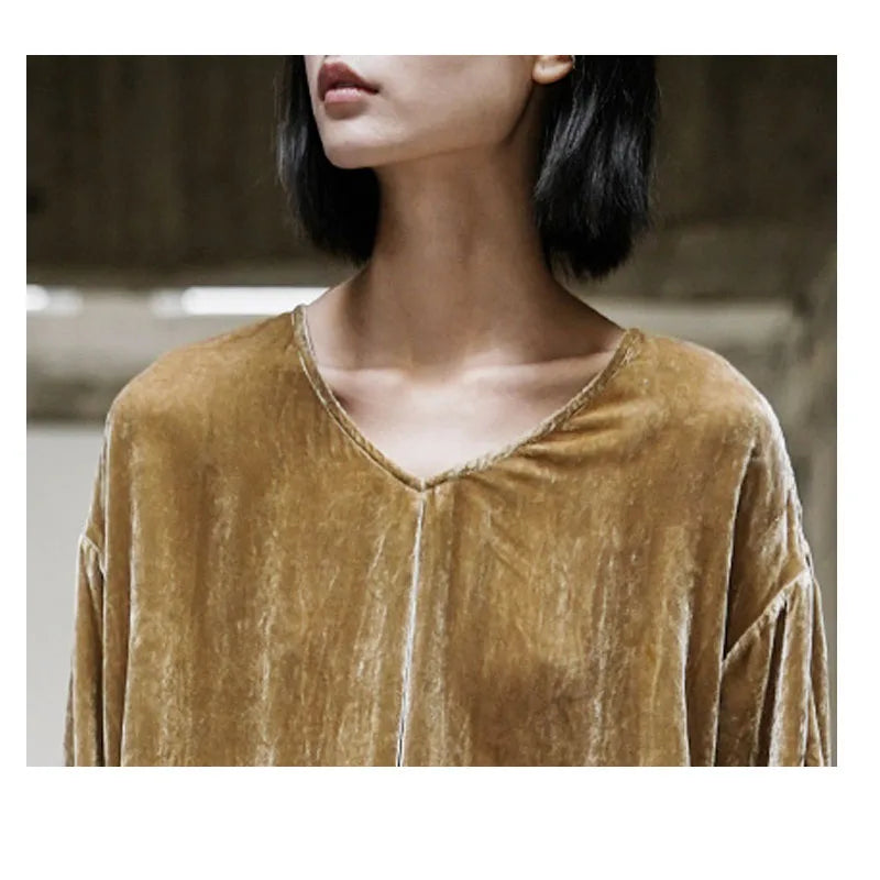 Original Design Spring Autumn Women's Mulberry Silk Velvet V-neck Pullover Loose Large Size Pleated Shirt Smooth Glossy Clothes