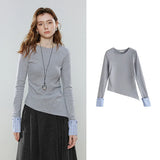 TOYOUTH Women T-Shirts 2026 Spring New Cotton Splicing Diagonal Cut Asymmetric Casual Tops
