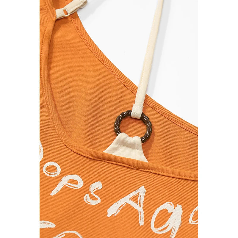 ELFSACK Orange Off Shoulder T-shirt, Loose Graffiti Print V-neck Tee, Casual Y2K Letter Graphic Top for Women