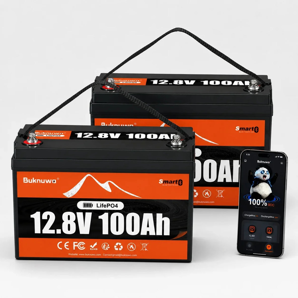 BUKNUWO 12V 100Ah Bluetooth LiFePO4 Lithium Battery, Smart 1280Wh Grade A Cells Battery For RV Boat Solar System