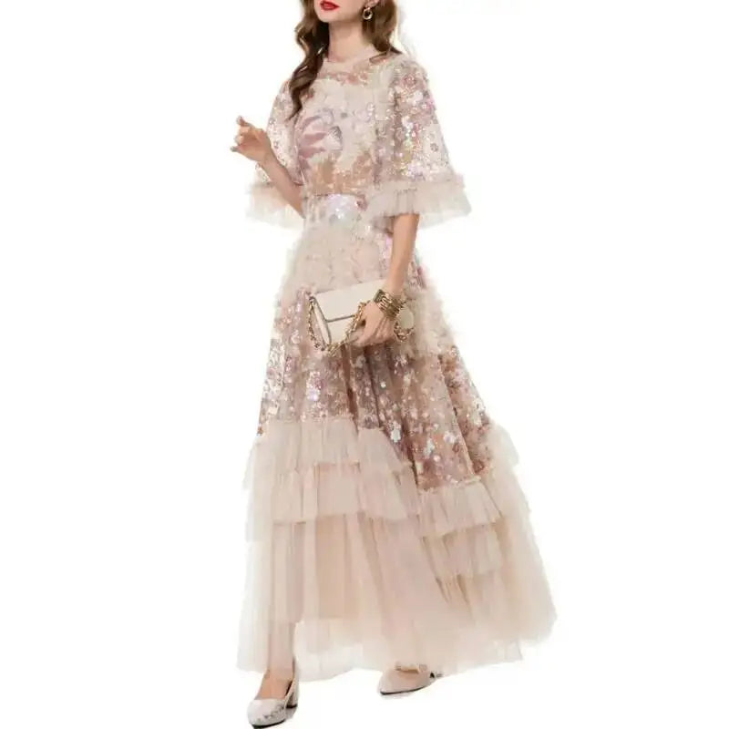 QMQA Fashion Women's Elegant Dress Embroidery Sequin Flare Sleeve Ruffle Puff Cake Dresses 2027 Summer New Female Clothing QM648