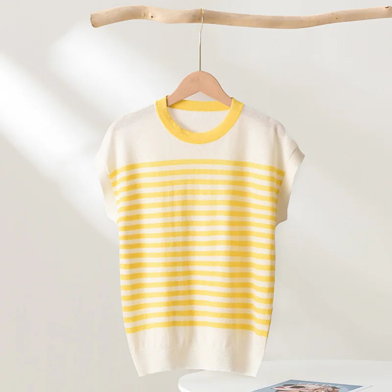 WinvyNee Summer Women's Clothing Wool Sleeveless Tops O Neck Half Sleeve T-Shirts Striped Casual Knitted Pullovers ZA1102002