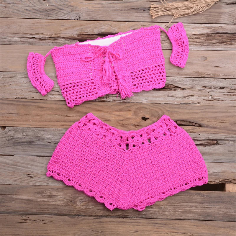 Knit Bikini Set for Women, Sexy Off Shoulder, Crop Top and Shorts, Brazilian Beachwear, Crochet Swimwear, Summer Shorts, 2 PCs