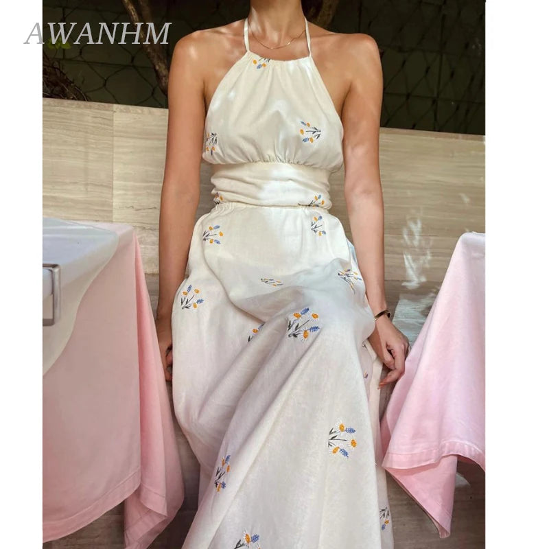 Women's Summer Sleeveless Cotton Hemp Halter Neck Dress Daisy Embroidery Backless Lace Up Long Dress
