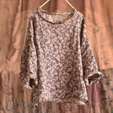 Johnature Vintage Summer Ramie Women T-Shirts Print Floral O-neck Long Sleeve 2025 New Chinese Style Women Clothes Casual Tees