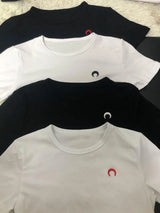 Retro Basic T Shirt Women Embroidered Moon European American Classic Short Sleeve Summer Slim Fit Elastic Crescent Round Neck
