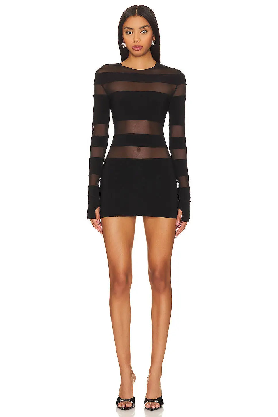Women's Patchwork Sheer Mesh Stripe Mini Dress, Long Sleeve, Sexy, See Through, Slim, Warm Hip, Short, Partywear, New Arrival