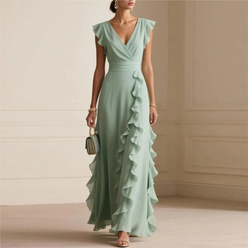 Women's Elegant Solid Color Ruffle Sleeveless Sexy V-Neck Long Dress Fashionable Bohemian Women's Party Evening Maxi Dresses