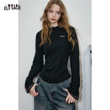 ELFSACK 2025 Winter New Arrivals Casual Elegant Lace Trim Solid Color Basic Long Sleeve T-Shirt For Women