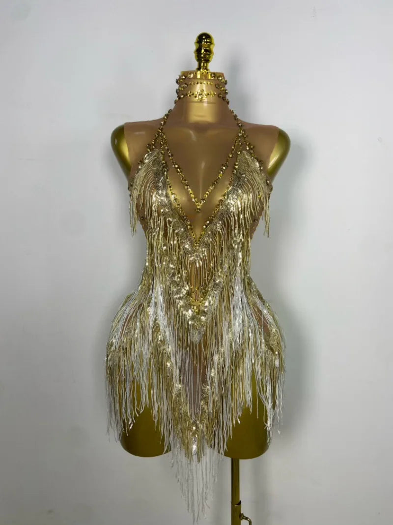 Stock Nightclub Singer Dance Stage Costume Evening Gowns Women Sexy Stretch Mesh Sparkly Rhinestone Tassels Mini Dress