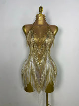 Stock Nightclub Singer Dance Stage Costume Evening Gowns Women Sexy Stretch Mesh Sparkly Rhinestone Tassels Mini Dress