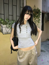 American Double Breasted Slim Fit Short Sleeve T-Shirt Women's Summer Gray Camisole Double Button Collar Casual T-Shirts