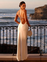 VC 2026 Sexy Backless Satin Maxi Dress For Women Spaghetti Strap Crystal Back Evening Dress Elegant Bodycon Party Slim Fit Dress