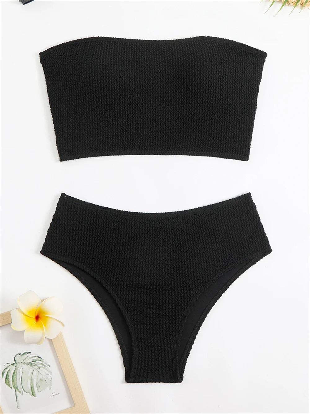 Sexy rosered bikini strapless bandeau swimsuit women vacation swimwear high waist ribbing tankini outfit beachwear swimming suit