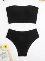 Sexy rosered bikini strapless bandeau swimsuit women vacation swimwear high waist ribbing tankini outfit beachwear swimming suit