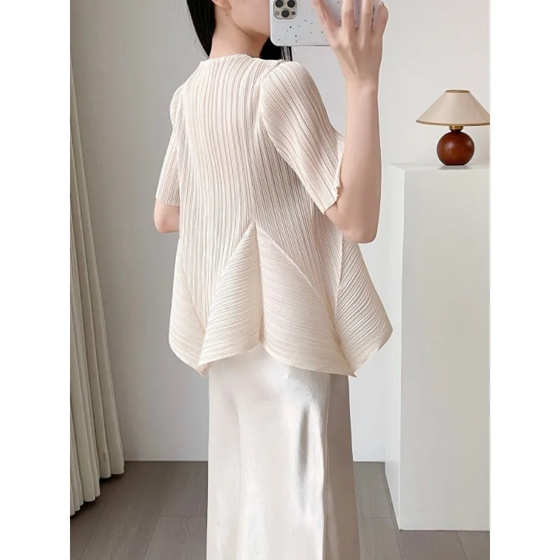 Pleated T-Shirt 2026 Summer New Ruffled Short Sleeve Top Elegant Commuter Women's Lightweight Stretch Non-Iron Clothing