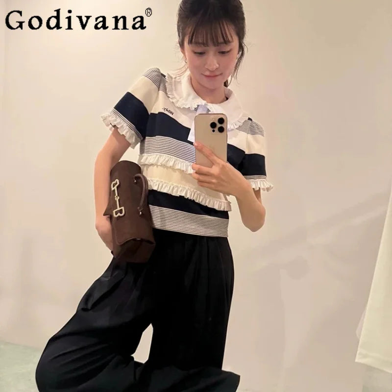 Japanese Style Sweet Women's Short Sleeve Knit Top 2026 Summer Lady Fashion Letter Embroidery Casual Knit Shirt Female T-Shirt