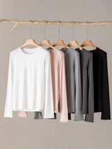 SuyaDream, Women Solid T Shirts, Silk Viscose Blend, Lace O Neck, Long Sleeved Tee, 2025 Spring Autumn Basic Top, Pink, White