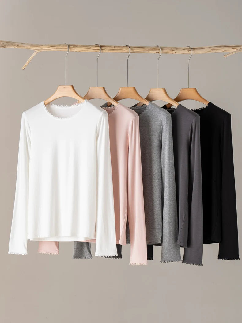 SuyaDream, Women Solid T Shirts, Silk Viscose Blend, Lace O Neck, Long Sleeved Tee, 2025 Spring Autumn Basic Top, Pink, White