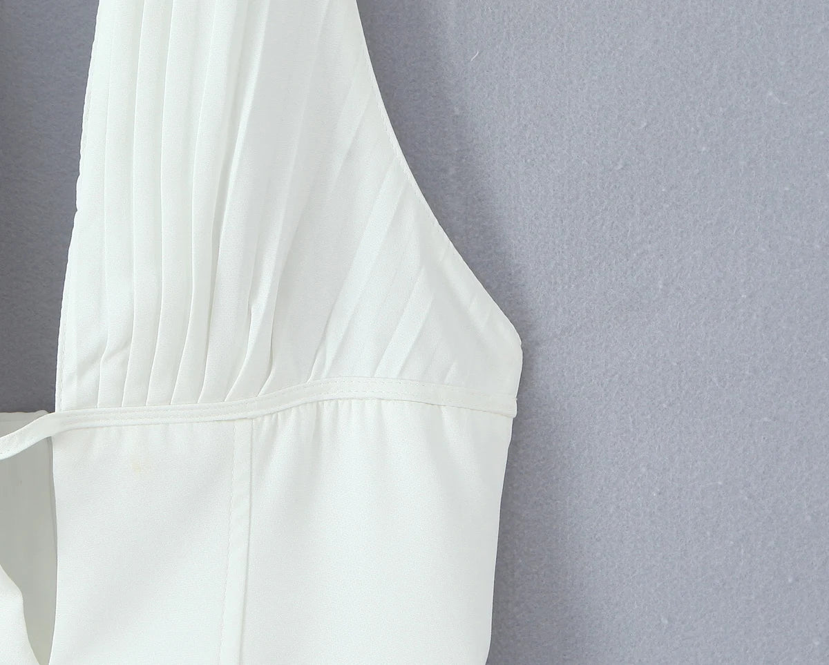 Sexy White Black Pleated Ruched Halter Dress Women Deep V Neck Slim Low Waist Swing Ball Gown Short Dresses Robe Femme Vestidos