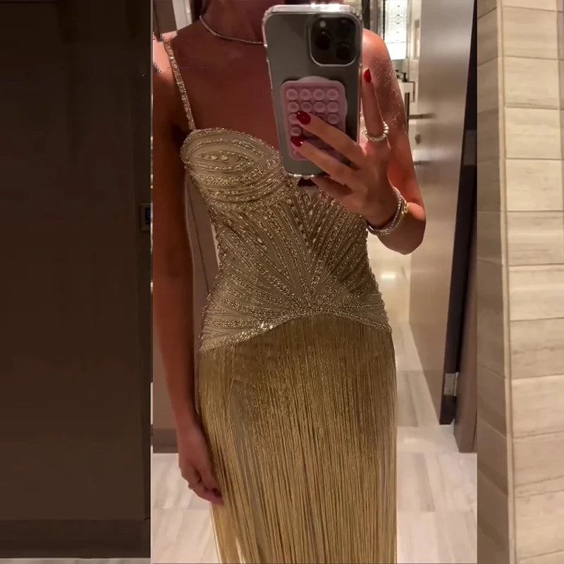 Sexy Wrap Chest Sleeveless Hollow Tassel Dress Fashion Backless Slim Fit Evening Gown Shiny Sequined High Waist Women Long Dress