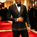 Men Black Double Breasted Tuxedo Suit 2 Pieces Silver Embroidery Rhinestone Shawl Lapel Slim Fit Jacket Pants Set Wedding Groom Blazer For Party Prom