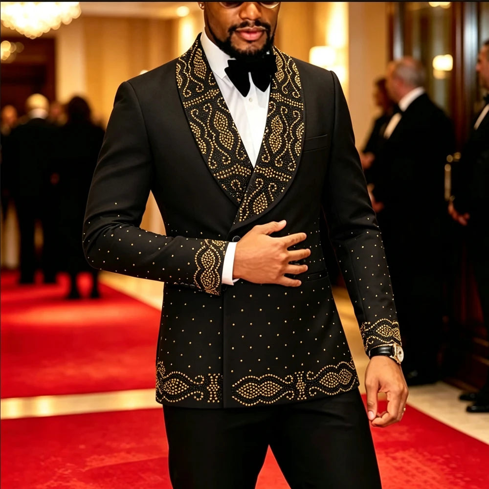 Men Black Double Breasted Tuxedo Suit 2 Pieces Silver Embroidery Rhinestone Shawl Lapel Slim Fit Jacket Pants Set Wedding Groom Blazer For Party Prom