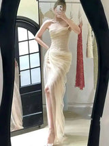 DEAT 2026 mesh dress for vacation,single straps high waist long vestido,pullover sheer fake two pieces party dresses