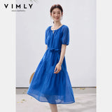 VIMLY Summer Women's Klein Blue Dress 2026 New Short Sleeve A-Line French Tie Waist Puff Sleeve Midi Dresses A5229