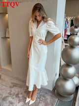 TTQV Summer Slim White Women's Dress 2025 Fashion V-Neck Short Sleeve Midi Dresses Elegant Classic High Waist Female Dress